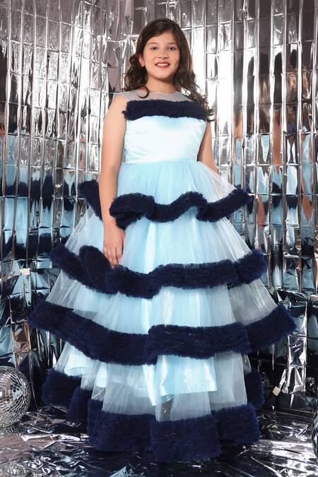 Littlecheer_Blue Net, Satin, Cotton Ruffles Two Tone Layered Gown _Online_at_Aza_Fashions