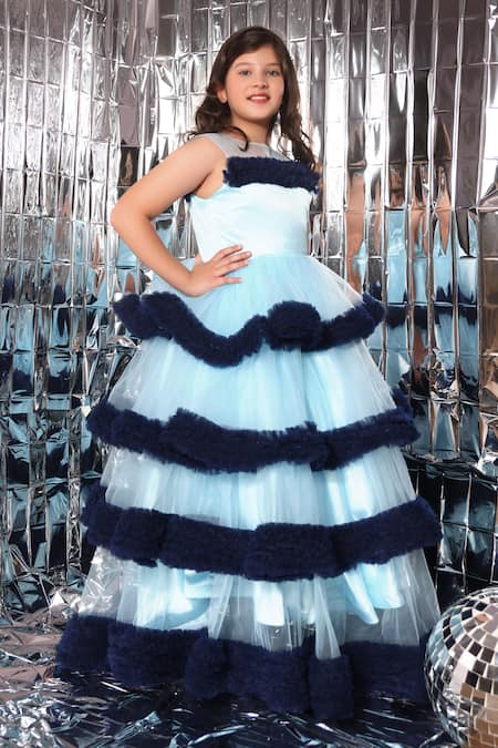 Buy_Littlecheer_Blue Net, Satin, Cotton Ruffles Two Tone Layered Gown _Online_at_Aza_Fashions