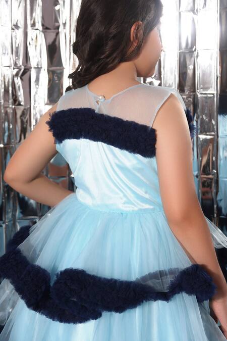 Shop_Littlecheer_Blue Net, Satin, Cotton Ruffles Two Tone Layered Gown _at_Aza_Fashions