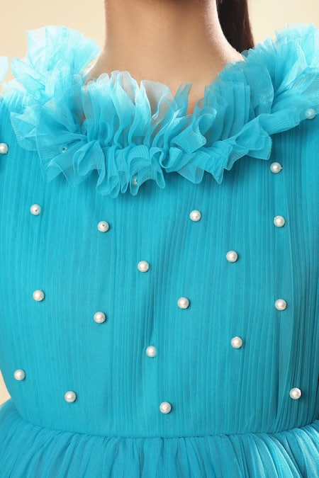 Littlecheer_Blue Net Pearls Embellished Bodice Ball Gown _Online_at_Aza_Fashions