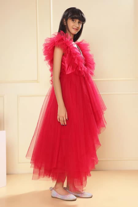 Littlecheer_Pink Net, Satin Crystals Ruffled Bodice Asymmetric Gown _Online_at_Aza_Fashions