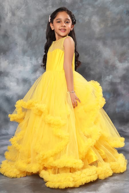 Littlecheer_Yellow Net, Satin, Cotton Ruffles Asymmetric Gown _Online_at_Aza_Fashions