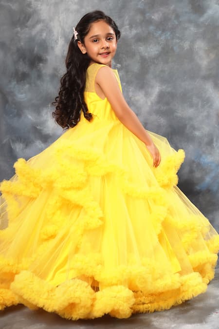 Buy_Littlecheer_Yellow Net, Satin, Cotton Ruffles Asymmetric Gown _Online_at_Aza_Fashions