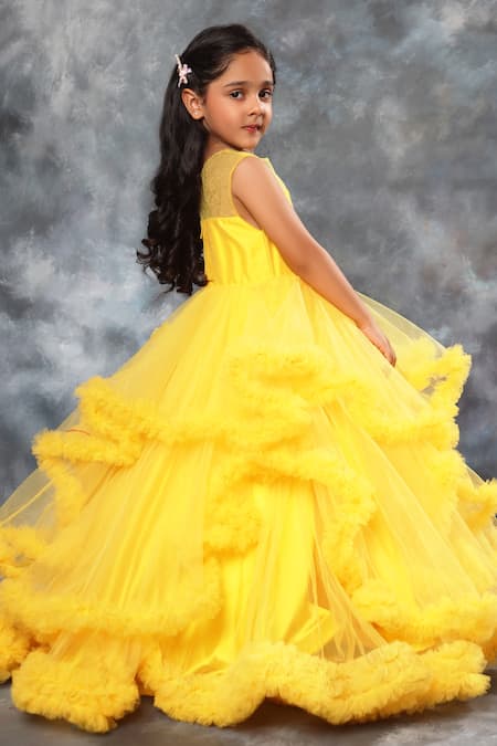 Shop_Littlecheer_Yellow Net, Satin, Cotton Ruffles Asymmetric Gown _at_Aza_Fashions