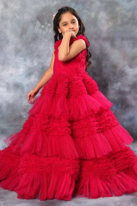 Littlecheer_Pink Net, Satin, Cotton Ruffles Fit And Flare Ball Gown _Online_at_Aza_Fashions