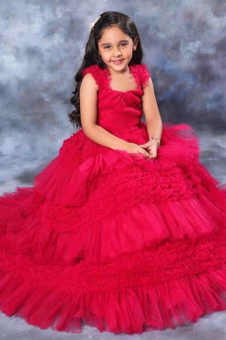 Buy_Littlecheer_Pink Net, Satin, Cotton Ruffles Fit And Flare Ball Gown _Online_at_Aza_Fashions