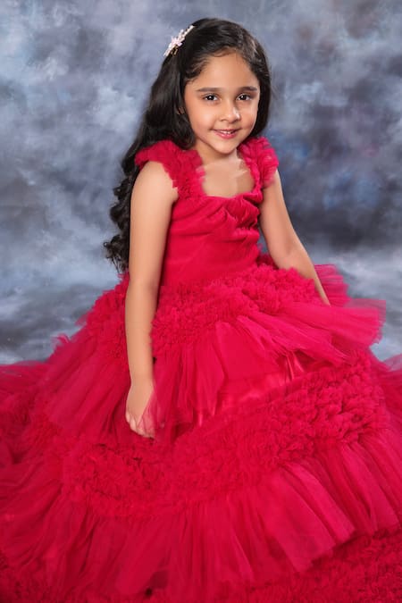 Shop_Littlecheer_Pink Net, Satin, Cotton Ruffles Fit And Flare Ball Gown _Online_at_Aza_Fashions