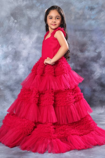 Shop_Littlecheer_Pink Net, Satin, Cotton Ruffles Fit And Flare Ball Gown _at_Aza_Fashions