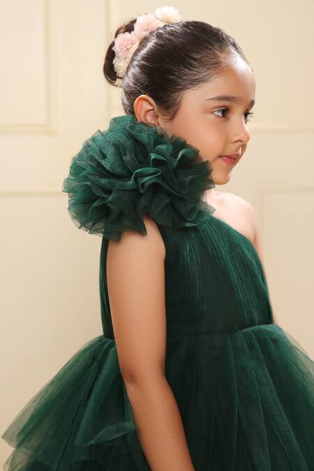 Littlecheer_Green Net, Satin, Cotton Applique Layered Ball Gown _Online_at_Aza_Fashions