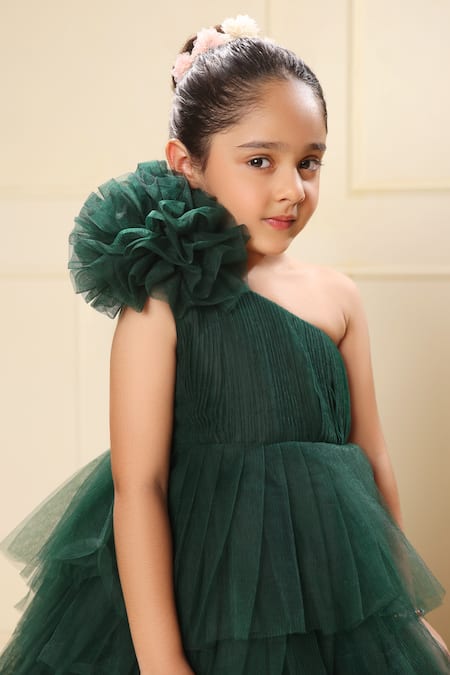 Buy_Littlecheer_Green Net, Satin, Cotton Applique Layered Ball Gown _Online_at_Aza_Fashions