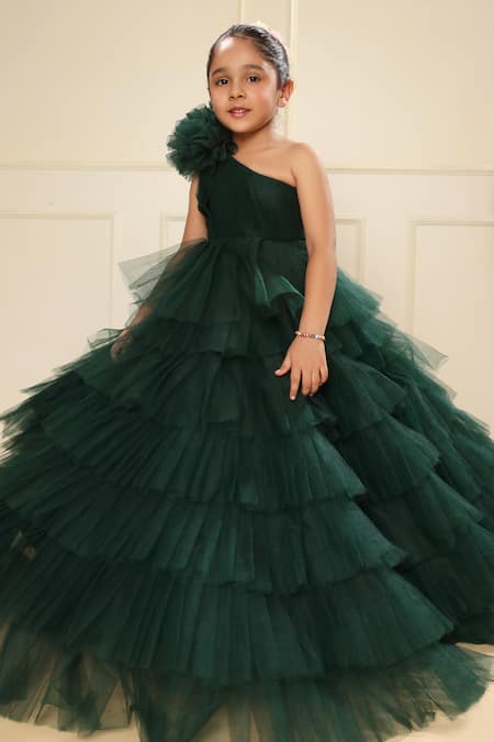 Shop_Littlecheer_Green Net, Satin, Cotton Applique Layered Ball Gown _Online_at_Aza_Fashions