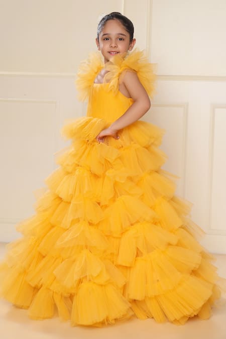 Littlecheer_Yellow Net, Cotton Ruffle Tiered Gown _Online_at_Aza_Fashions
