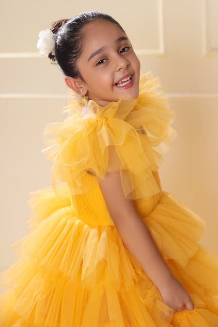 Buy_Littlecheer_Yellow Net, Cotton Ruffle Tiered Gown _Online_at_Aza_Fashions