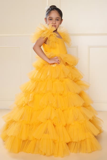 Shop_Littlecheer_Yellow Net, Cotton Ruffle Tiered Gown _Online_at_Aza_Fashions