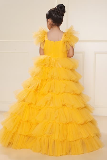 Shop_Littlecheer_Yellow Net, Cotton Ruffle Tiered Gown _at_Aza_Fashions