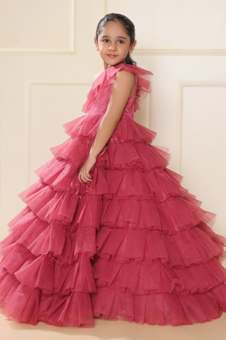Littlecheer_Pink Net, Satin, Cotton Ruffle Tiered Ball Gown _Online_at_Aza_Fashions