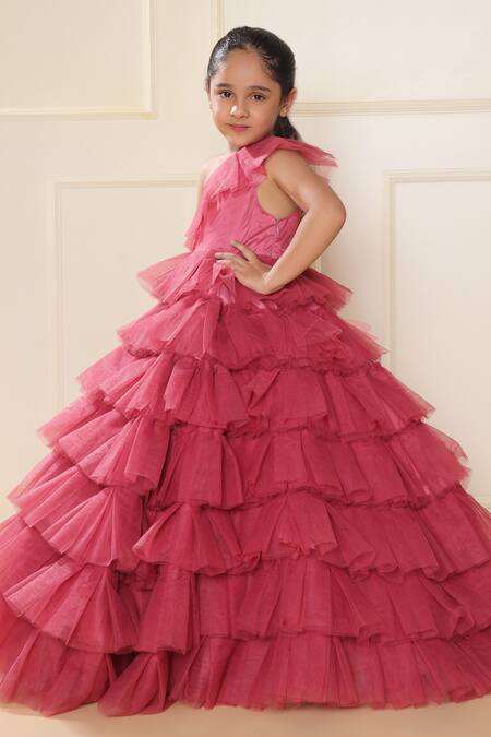 Buy_Littlecheer_Pink Net, Satin, Cotton Ruffle Tiered Ball Gown _Online_at_Aza_Fashions