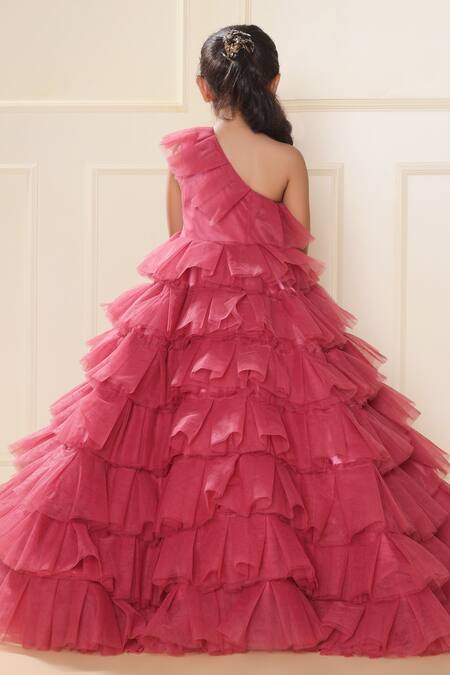 Shop_Littlecheer_Pink Net, Satin, Cotton Ruffle Tiered Ball Gown _at_Aza_Fashions