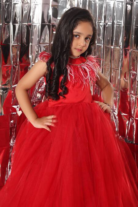 Littlecheer_Red Net, Satin, Cotton Feathers, Crystals Placement Applique Gown _Online_at_Aza_Fashions