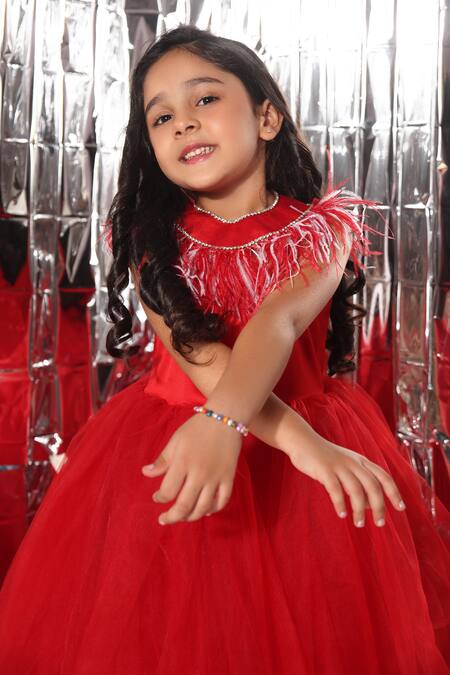 Buy_Littlecheer_Red Net, Satin, Cotton Feathers, Crystals Placement Applique Gown _Online_at_Aza_Fashions