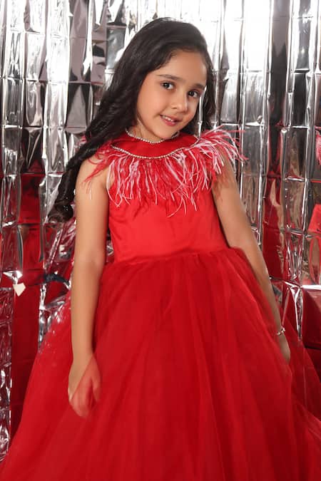 Shop_Littlecheer_Red Net, Satin, Cotton Feathers, Crystals Placement Applique Gown _Online_at_Aza_Fashions