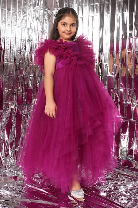 Littlecheer_Purple Net, Cotton Asymmetric Hem Gown _Online_at_Aza_Fashions