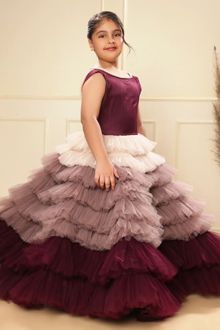 Buy_Littlecheer_Purple Net, , Cotton Pearls Ruffled Ombre Gown _Online_at_Aza_Fashions