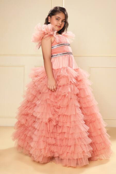 Littlecheer_Peach Net, Satin, Cotton Crystals Tiered Ball Gown _Online_at_Aza_Fashions