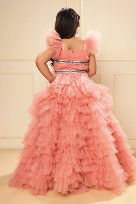 Shop_Littlecheer_Peach Net, Satin, Cotton Crystals Tiered Ball Gown _at_Aza_Fashions
