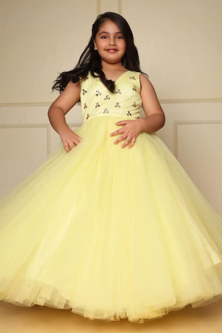 Littlecheer_Yellow Net Crystals Embellished Bodice Ball Gown _Online_at_Aza_Fashions