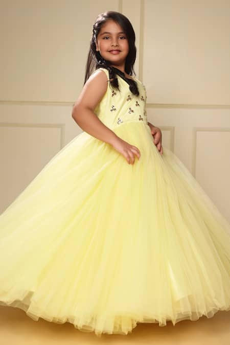Buy_Littlecheer_Yellow Net Crystals Embellished Bodice Ball Gown _Online_at_Aza_Fashions