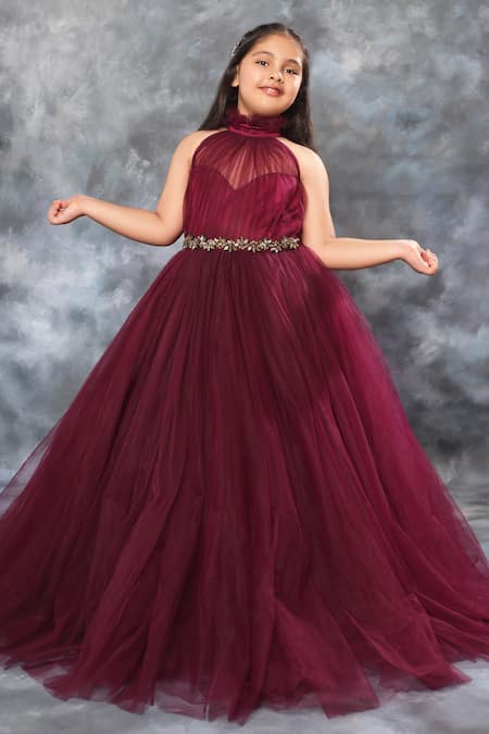 Littlecheer_Purple Net, Satin, Cotton Crystals Ruffled Collar Ball Gown _Online_at_Aza_Fashions