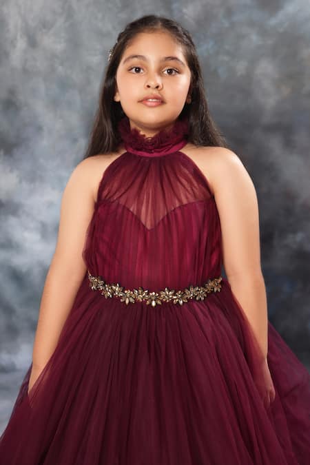 Shop_Littlecheer_Purple Net, Satin, Cotton Crystals Ruffled Collar Ball Gown _Online_at_Aza_Fashions
