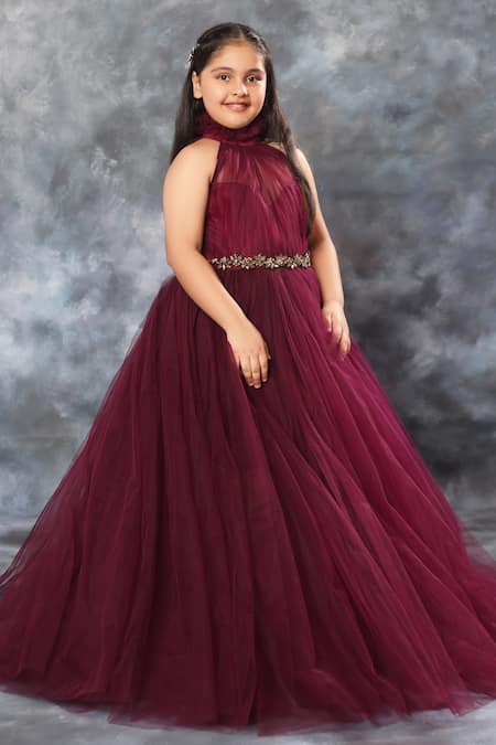 Littlecheer_Purple Net, Satin, Cotton Crystals Ruffled Collar Ball Gown _at_Aza_Fashions