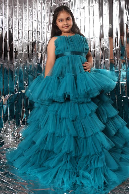 Littlecheer_Blue Net, Satin, Cotton Bows Exaggerated Layered Gown _Online_at_Aza_Fashions