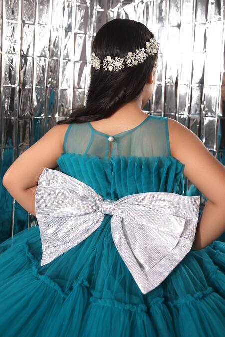 Buy_Littlecheer_Blue Net, Satin, Cotton Bows Exaggerated Layered Gown _Online_at_Aza_Fashions