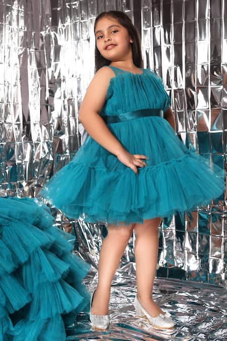 Shop_Littlecheer_Blue Net, Satin, Cotton Bows Exaggerated Layered Gown _Online_at_Aza_Fashions