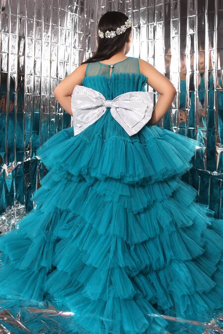 Shop_Littlecheer_Blue Net, Satin, Cotton Bows Exaggerated Layered Gown _at_Aza_Fashions