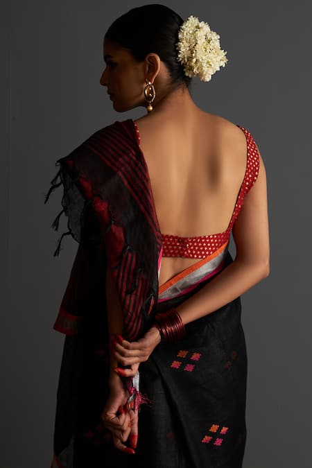 Buy_Five Point Five_Black Linen Bulbul Geometric Motif Woven Saree With Running Blouse _Online_at_Aza_Fashions