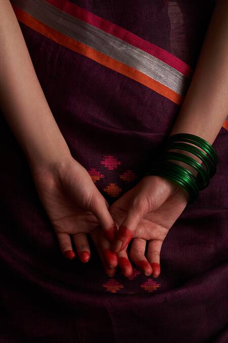 Five Point Five_Purple Linen Bulbul Motif Woven Saree With Running Blouse_Online_at_Aza_Fashions