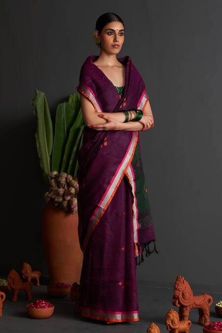 Buy_Five Point Five_Purple Linen Bulbul Motif Woven Saree With Running Blouse_Online_at_Aza_Fashions