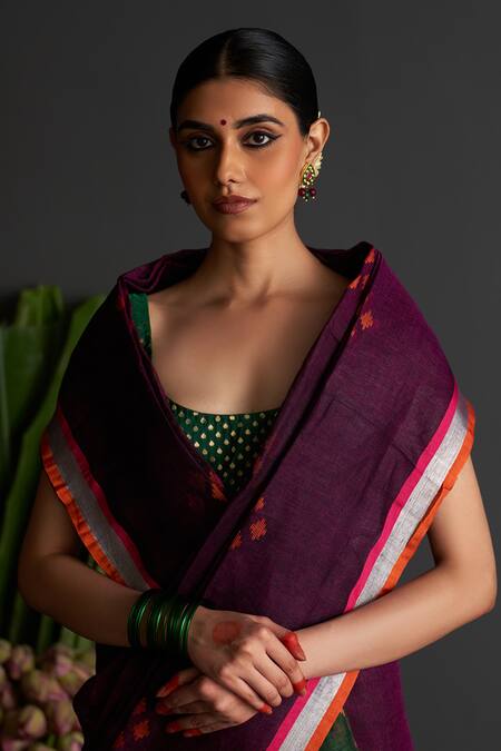 Shop_Five Point Five_Purple Linen Bulbul Motif Woven Saree With Running Blouse_Online_at_Aza_Fashions