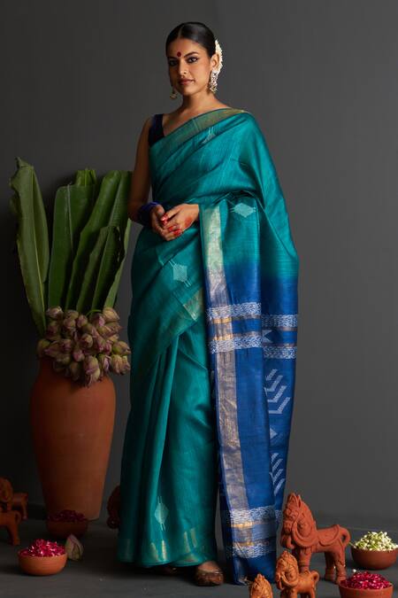FIVE POINT FIVE Blue Tussar Woven Nargis Saree With Running Blouse 