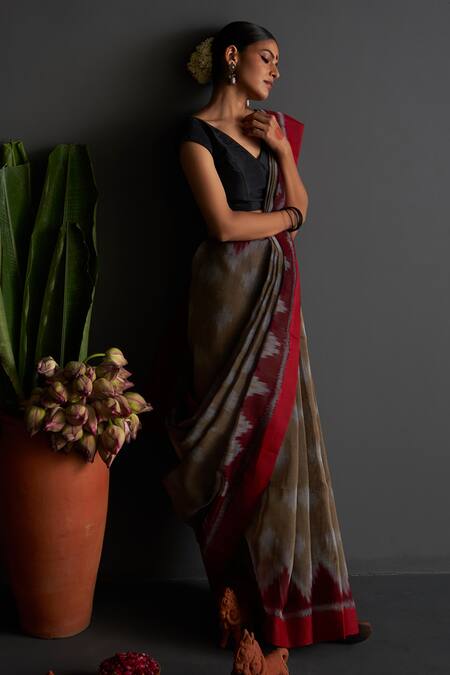 Five Point Five Grey Cotton Kalpana Ikat Motif Woven Saree With Running Blouse Online at Aza Fashions Five Point Five_Grey Cotton Kalpana Ikat Motif Woven Saree With Running Blouse _Online_at_Aza_Fashions