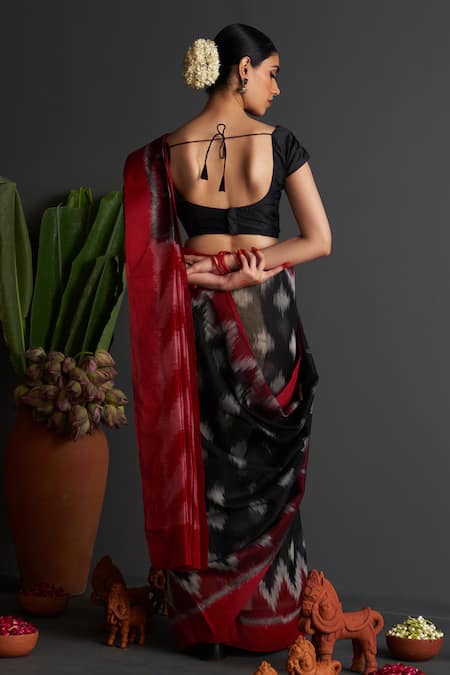 Shop Five Point Five Black Cotton Kalpana Ikat Woven Saree With Running Blouse at Aza Fashions Shop_Five Point Five_Black Cotton Kalpana Ikat Woven Saree With Running Blouse _at_Aza_Fashions