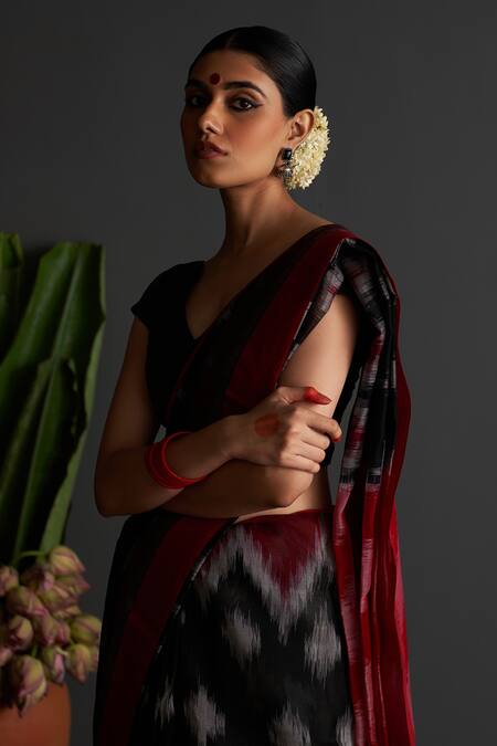 Shop Five Point Five Black Cotton Kalpana Ikat Woven Saree With Running Blouse Online at Aza Fashions Shop_Five Point Five_Black Cotton Kalpana Ikat Woven Saree With Running Blouse _Online_at_Aza_Fashions