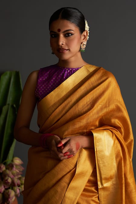 Shop_Five Point Five_Yellow Muslin Falguni Checkered Woven Saree With Running Blouse _Online_at_Aza_Fashions