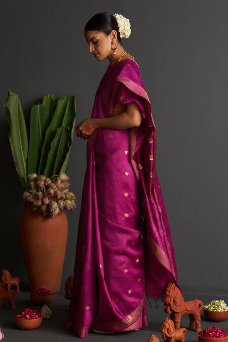 Five Point Five_Purple Muslin Bindiya Polka Motif Woven Saree With Running Blouse_Online_at_Aza_Fashions