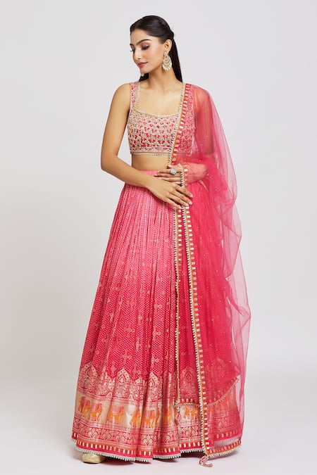 Red elephant motifs shaded lehenga by Tatwamm