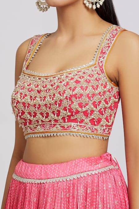 Shop_Jiya By Veer Design Studio_Pink Net, Silk Sequins, Traditional Elephant And Bandhani Print Lehenga Blouse Set _Online_at_Aza_Fashions